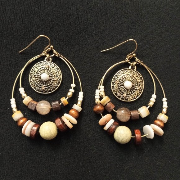 Jewelry - Women's Double Round Gold Tone and Wood Earrings